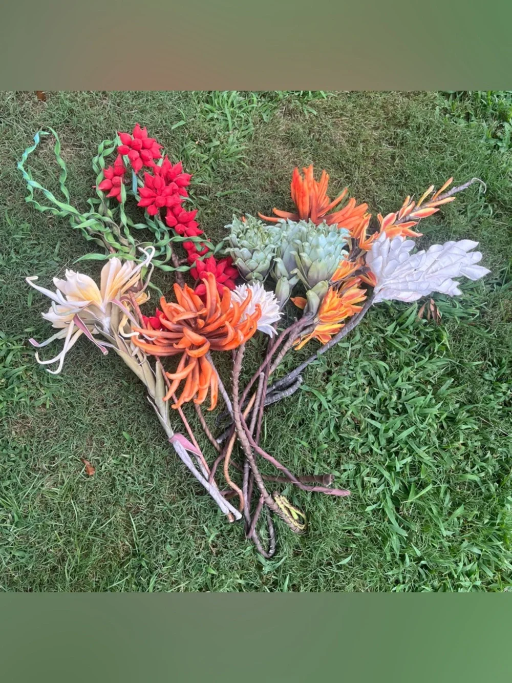 Artificial Mixed Flower Stem Bundle, Silk Floral Stems Orange Red White Green